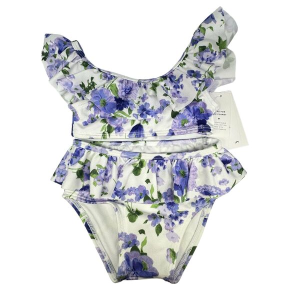 Janie and Jack Girls UPF 50+ Floral Ruffle Bikini Purple Green Toddler Swimsuit - Picture 1 of 9